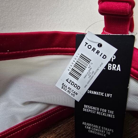 Plunge Push-Up Embroidered Lace Straight Back Bra - 42DDD - :Lipstick Red - Picture 11 of 12